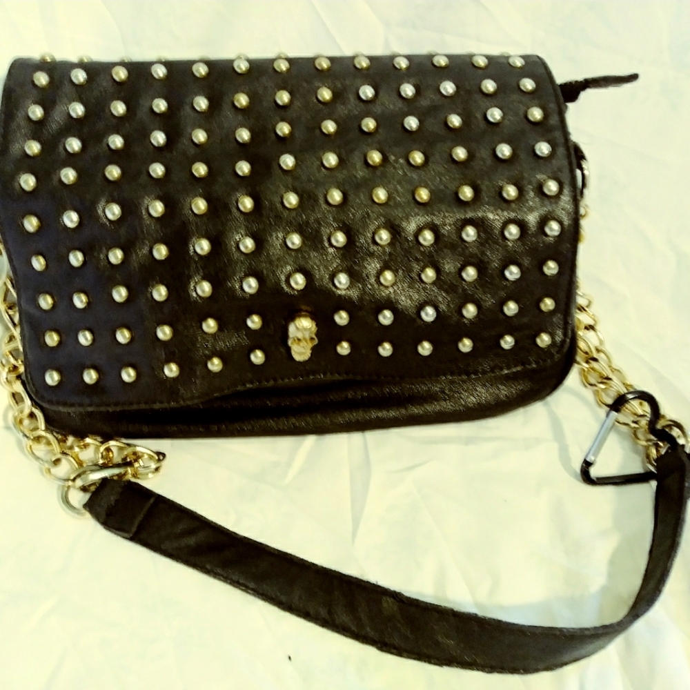 Black soft leather rock and roll shoulder bag